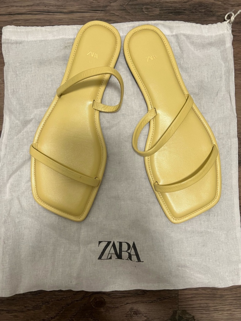ZARA Lemon Yellow Strappy Square-Toe Slide Sandals